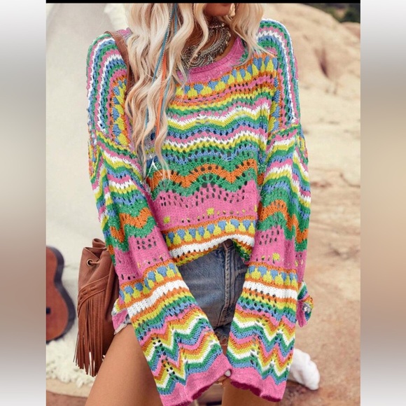 New in Vibrant Summer Crochet Oversized Knit Top - Picture 3 of 4